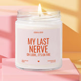 a white candle with a lit flame, placed on a pink surface against a yellow background.